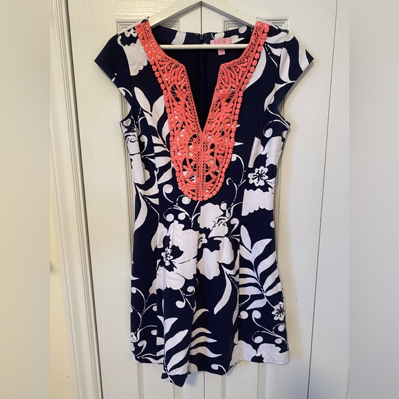 Lilly Pulitzer Briella Fit and Flare A line Floral Palm Beach dress Bright Navy - Picture 4 of 15